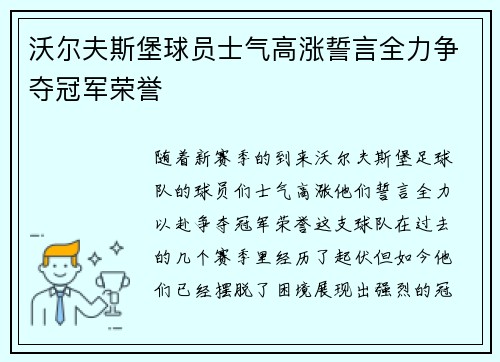 沃尔夫斯堡球员士气高涨誓言全力争夺冠军荣誉