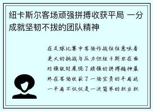 纽卡斯尔客场顽强拼搏收获平局 一分成就坚韧不拔的团队精神