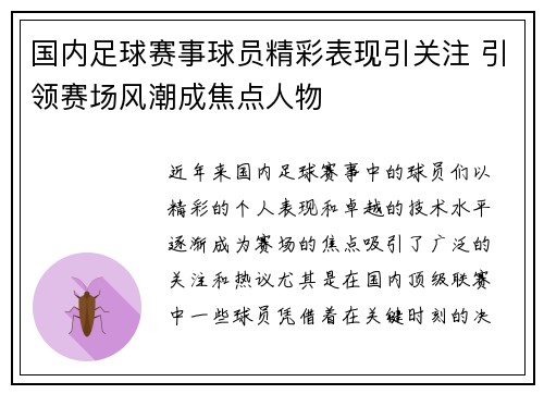 国内足球赛事球员精彩表现引关注 引领赛场风潮成焦点人物