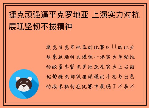 捷克顽强逼平克罗地亚 上演实力对抗展现坚韧不拔精神