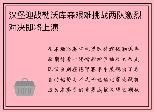 汉堡迎战勒沃库森艰难挑战两队激烈对决即将上演