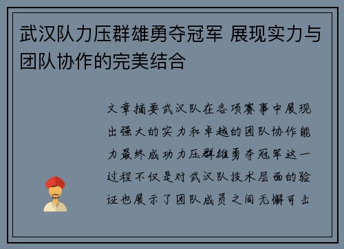 武汉队力压群雄勇夺冠军 展现实力与团队协作的完美结合