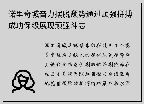 诺里奇城奋力摆脱颓势通过顽强拼搏成功保级展现顽强斗志