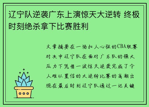 辽宁队逆袭广东上演惊天大逆转 终极时刻绝杀拿下比赛胜利