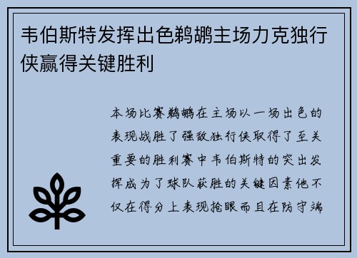 韦伯斯特发挥出色鹈鹕主场力克独行侠赢得关键胜利