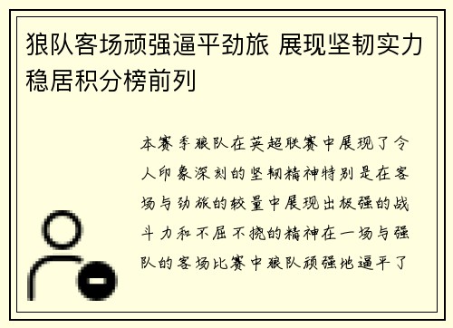 狼队客场顽强逼平劲旅 展现坚韧实力稳居积分榜前列