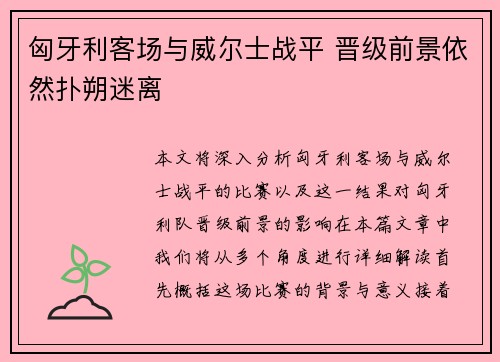匈牙利客场与威尔士战平 晋级前景依然扑朔迷离