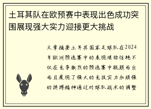 土耳其队在欧预赛中表现出色成功突围展现强大实力迎接更大挑战
