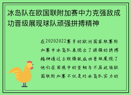 冰岛队在欧国联附加赛中力克强敌成功晋级展现球队顽强拼搏精神