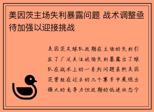 美因茨主场失利暴露问题 战术调整亟待加强以迎接挑战