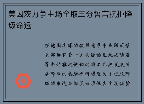 美因茨力争主场全取三分誓言抗拒降级命运